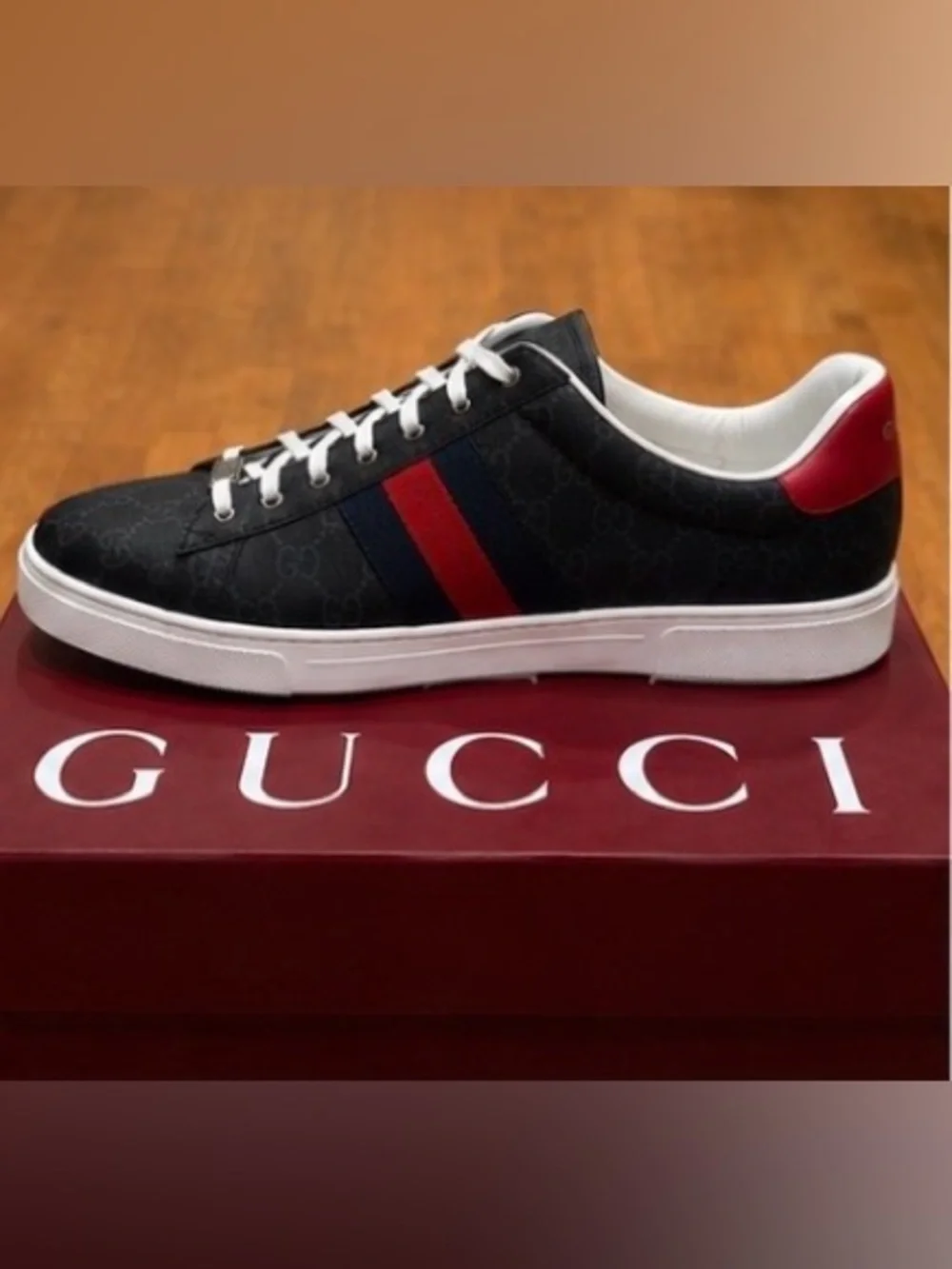 Gucci Ace GG Supreme Web Sneakers Black GG Canvas Men’s Size 9.5 + Box/Dust Bags