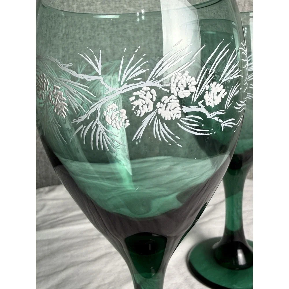 2‎ - Vintage Libbey Juniper Green Water Pinecone Wine Goblets Glass Teardrop