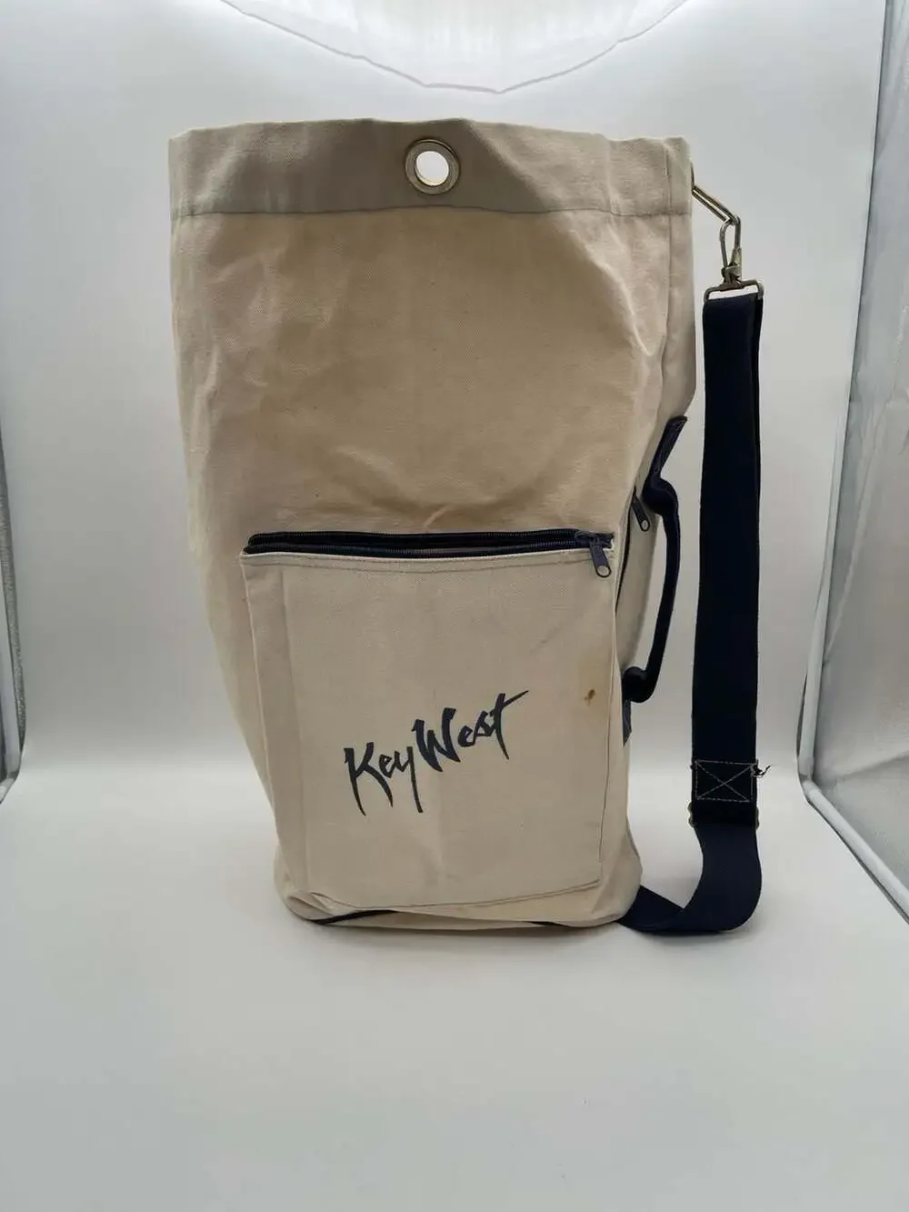 Vintage Key West Canvas Duffle‎ Bag, Cream/Navy Blue, Souvenir Travel Tote