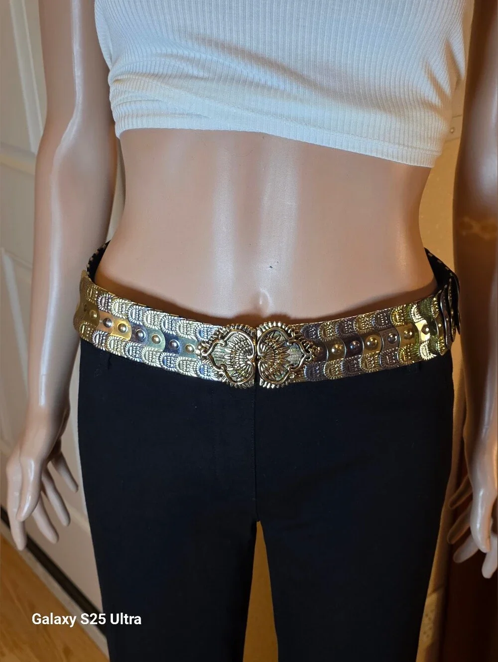 Vintage Ornate Mixed Metal Elastic Stretch Belt - Gold & Silver Filigree