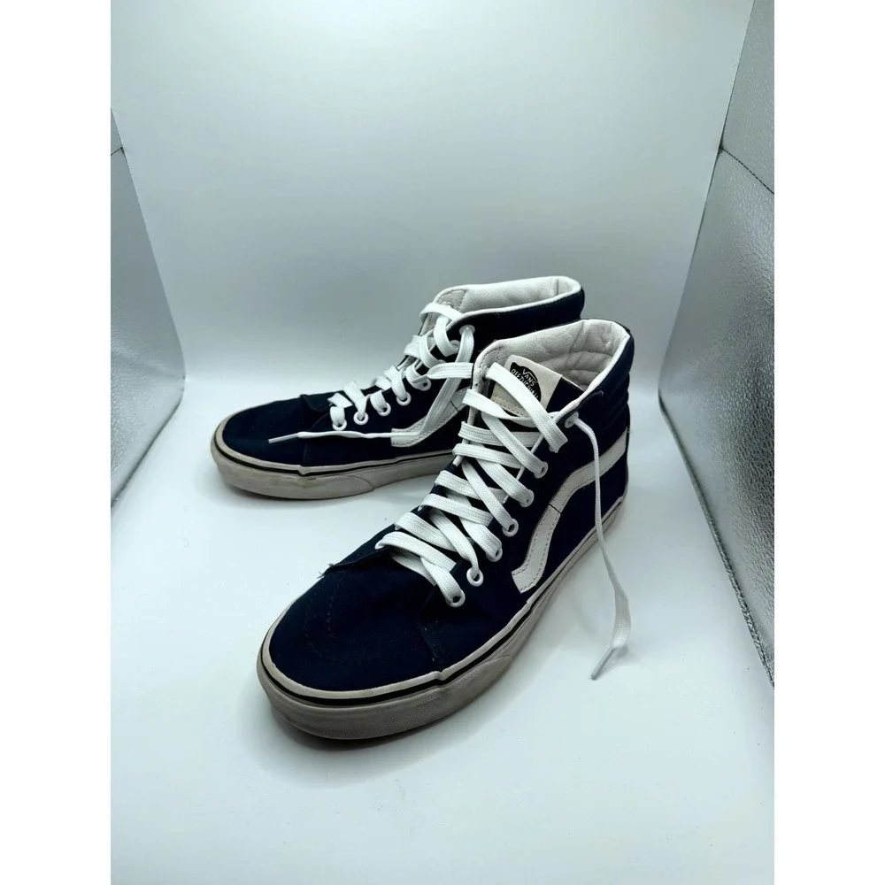 VANS Sk8-Hi Mens 7.5 Sneaker Navy Blue Canvas High Top Lace Up Skateboard Shoes