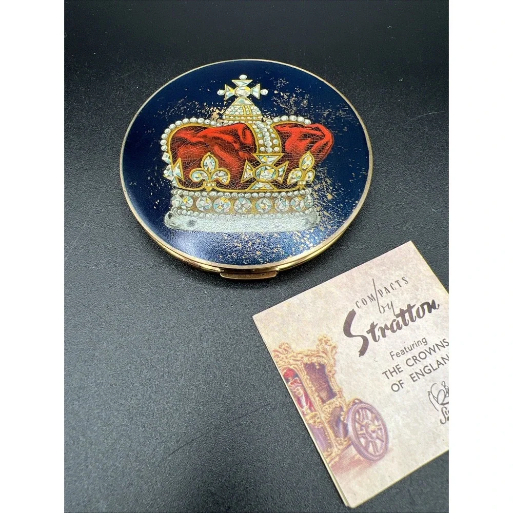 VTG Stratton England Gold Enamel Powder Compact Mirror Crown Crowns Of England