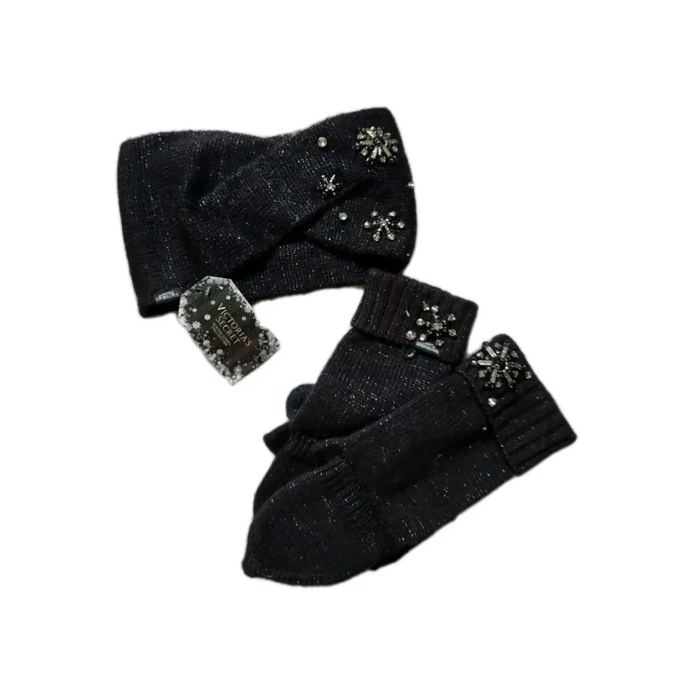 NWT Victoria’s Secret Snowflake Sparkle Winter Set Headband Convertible Mittens