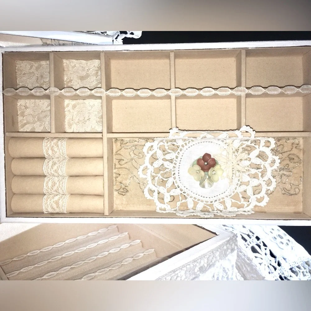 Handmade Large Jewelry Box Vintage Lace & Jewelry FLOWER BOUQUET Single Tray NWT