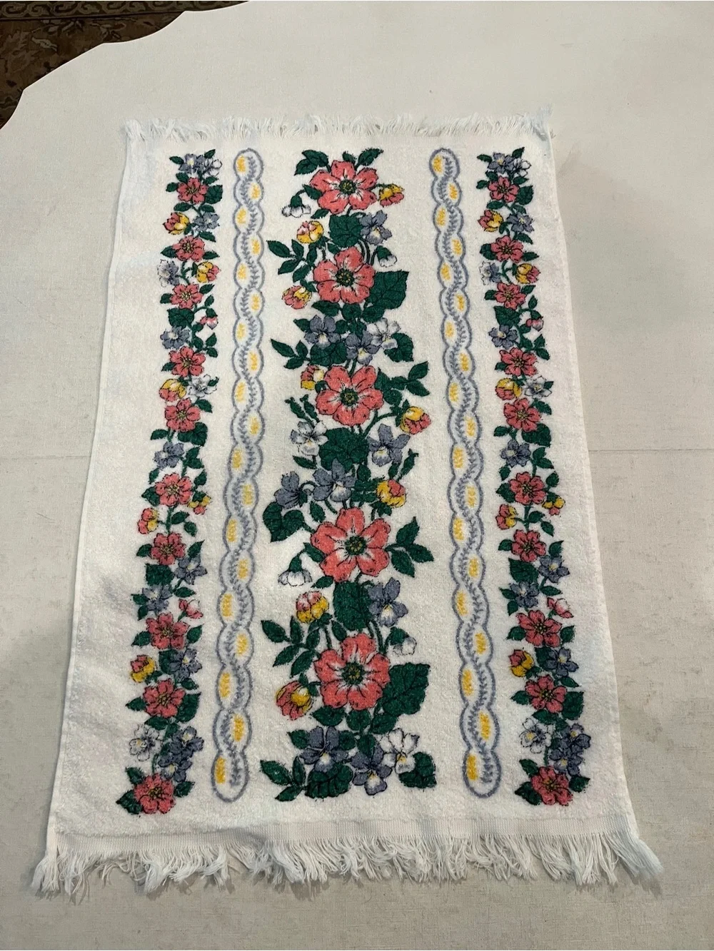 Sold Vintage Floral garland hand towel - Pink & Green Flowers. So retro!