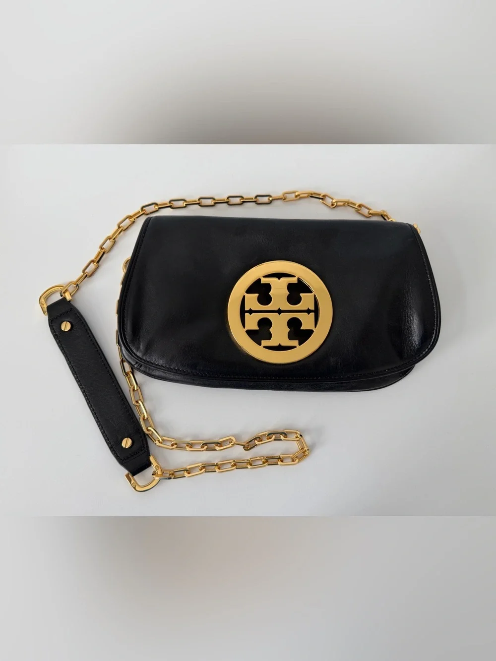 Tory Burch Reva Leather Clutch in Black with Gold Chain