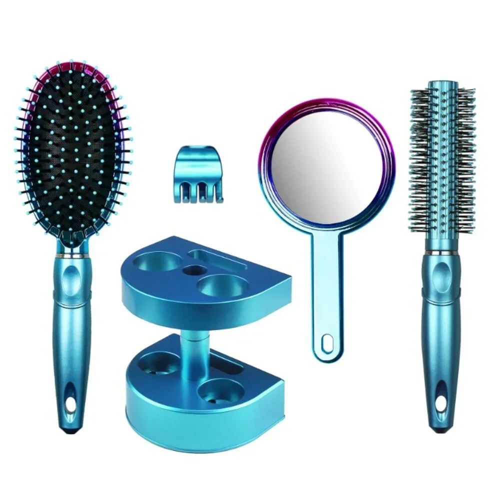 NEW SET OF 2 Bundle 5-Piece Hairbrush Brush Hand Mirror Beauty Brushes Pink Hair