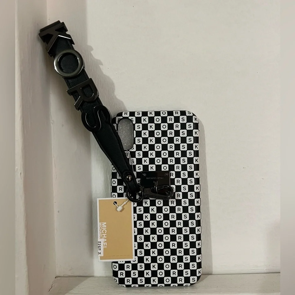 Checkerboard Logo Leather Wristlet Case For iPhone XR