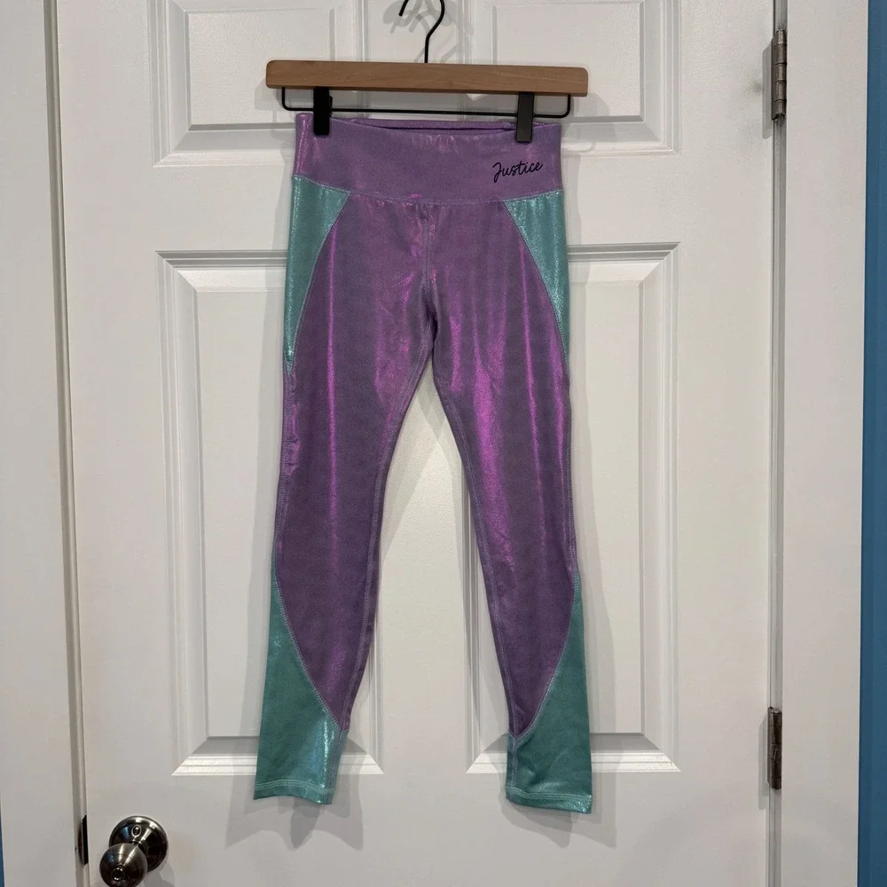 Justice‎ Girls Purple Teal Metallic Shimmer Colorblock Leggings Size M 10