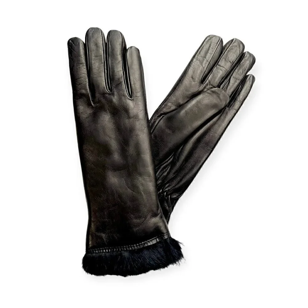 Sermoneta Gloves‎ Black Leather Rabbit Fur Lined Gloves size 7.5, NWT
