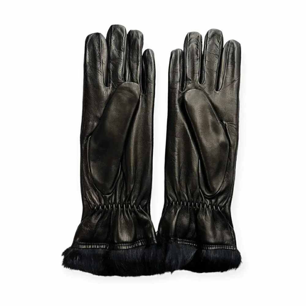 Sermoneta Gloves‎ Black Leather Rabbit Fur Lined Gloves size 7.5, NWT