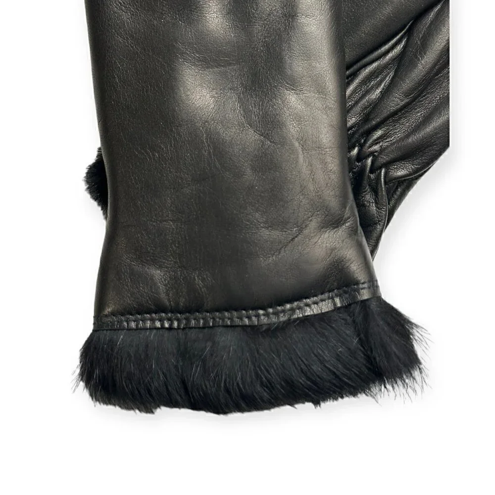 Sermoneta Gloves‎ Black Leather Rabbit Fur Lined Gloves size 7.5, NWT