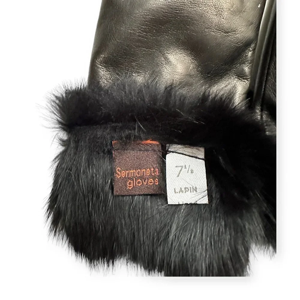 Sermoneta Gloves‎ Black Leather Rabbit Fur Lined Gloves size 7.5, NWT