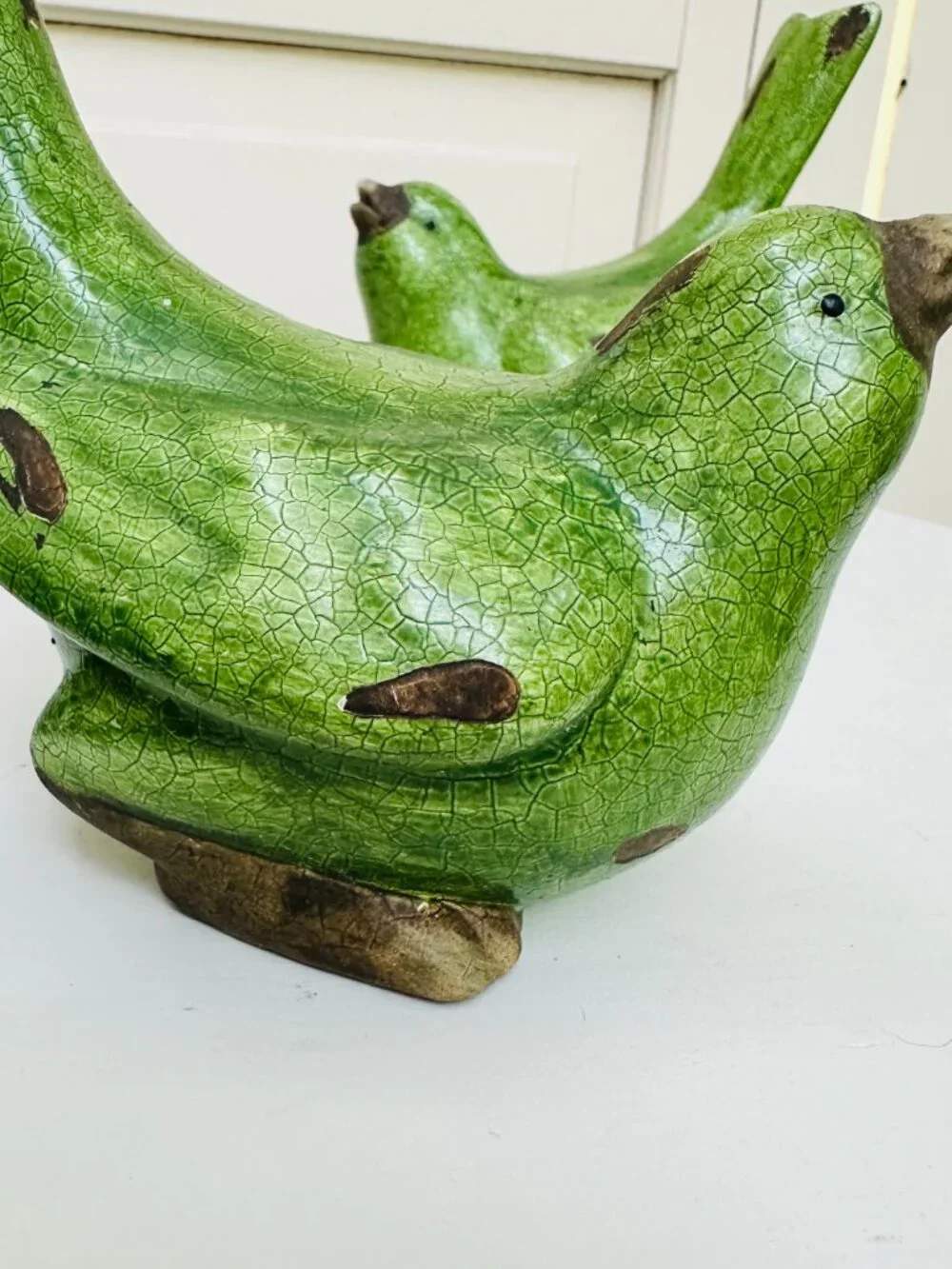 Pier 1 Green Crackle Glaze Bird Figurines Set Cottagecore Farmhouse Decor