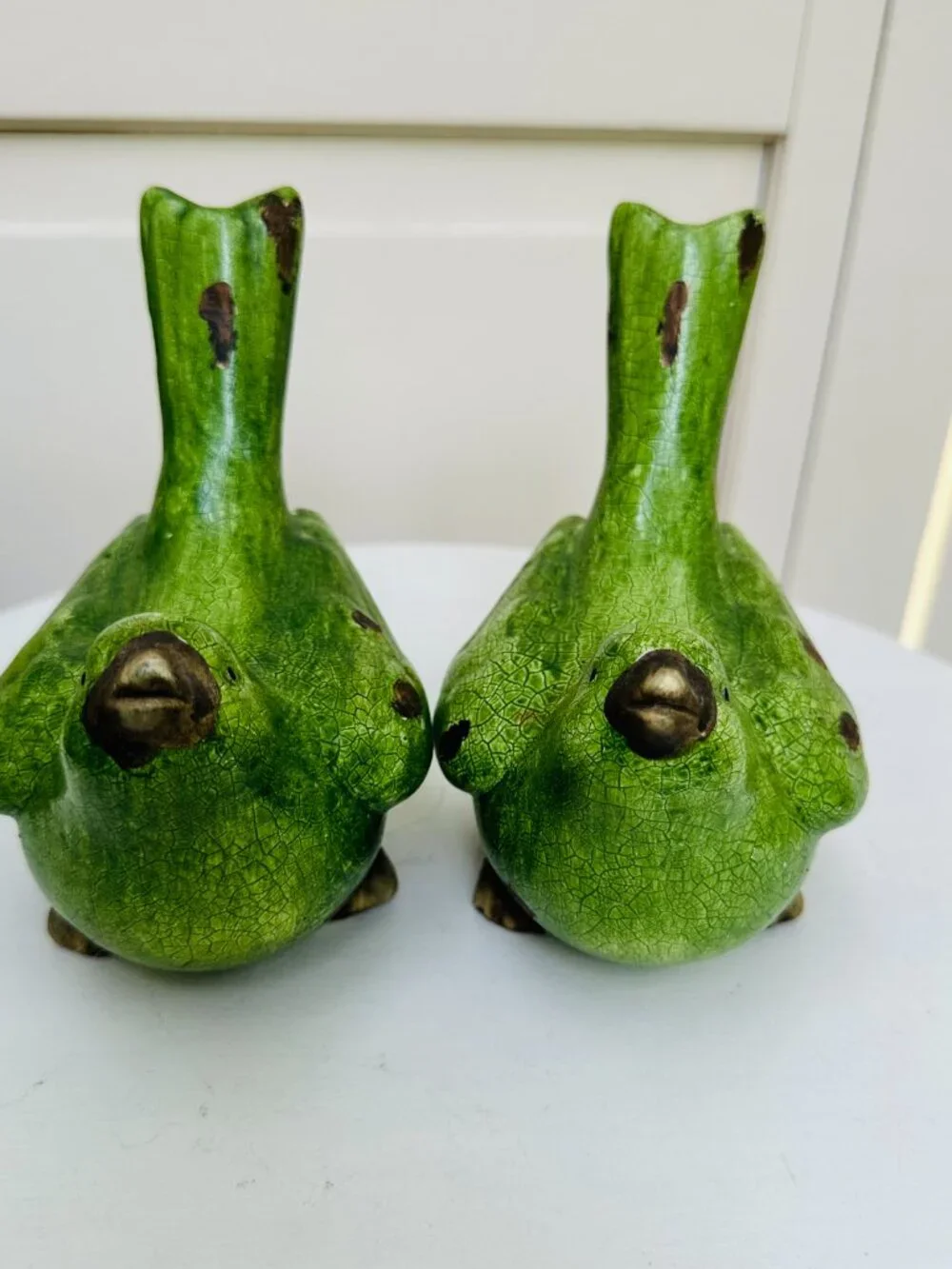 Pier 1 Green Crackle Glaze Bird Figurines Set Cottagecore Farmhouse Decor