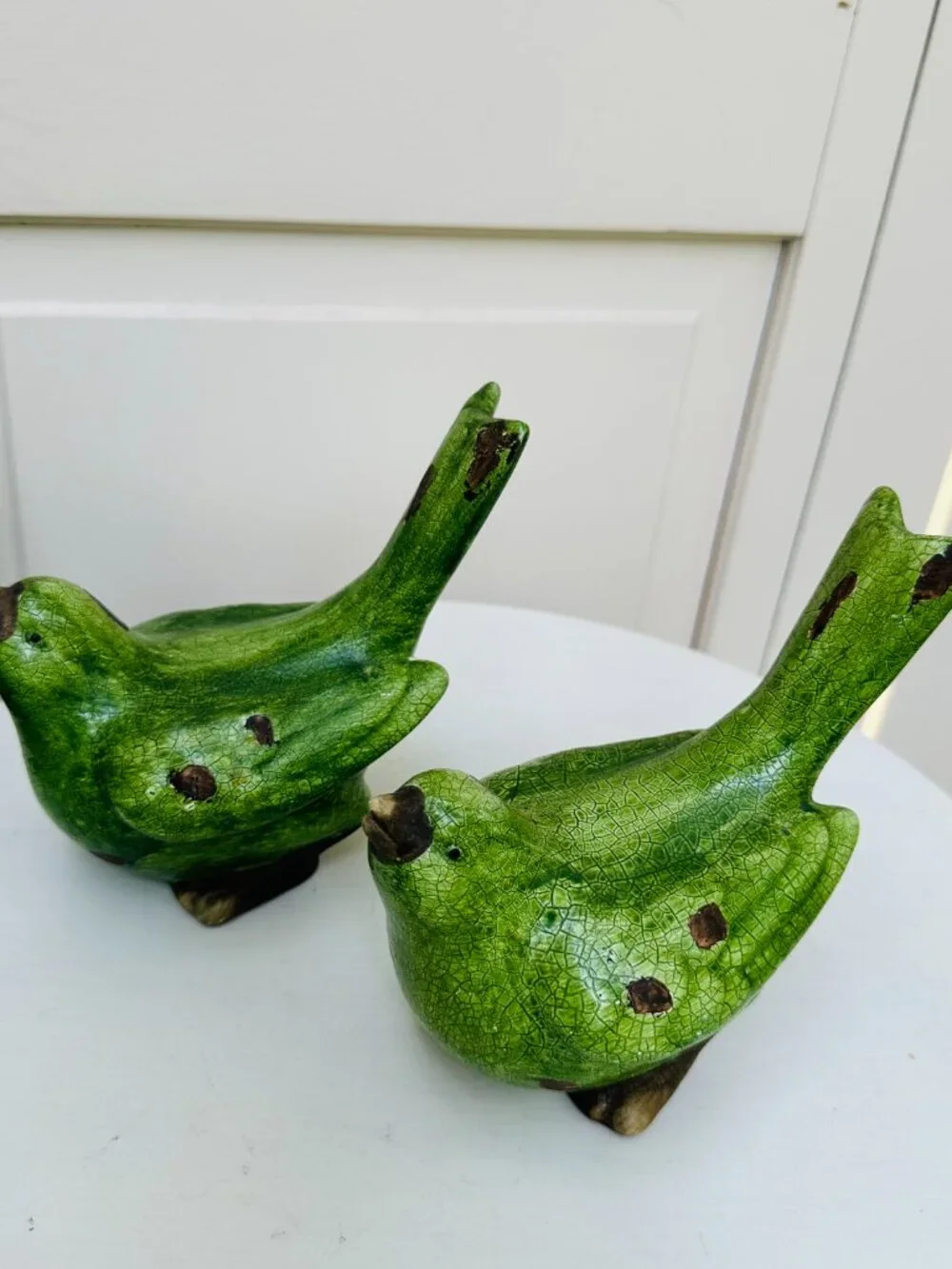 Pier 1 Green Crackle Glaze Bird Figurines Set Cottagecore Farmhouse Decor
