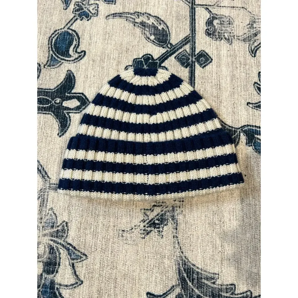 NWT Everlane Unisex The Cashmere Wool Beanie Hat Navy Cream Striped One Size
