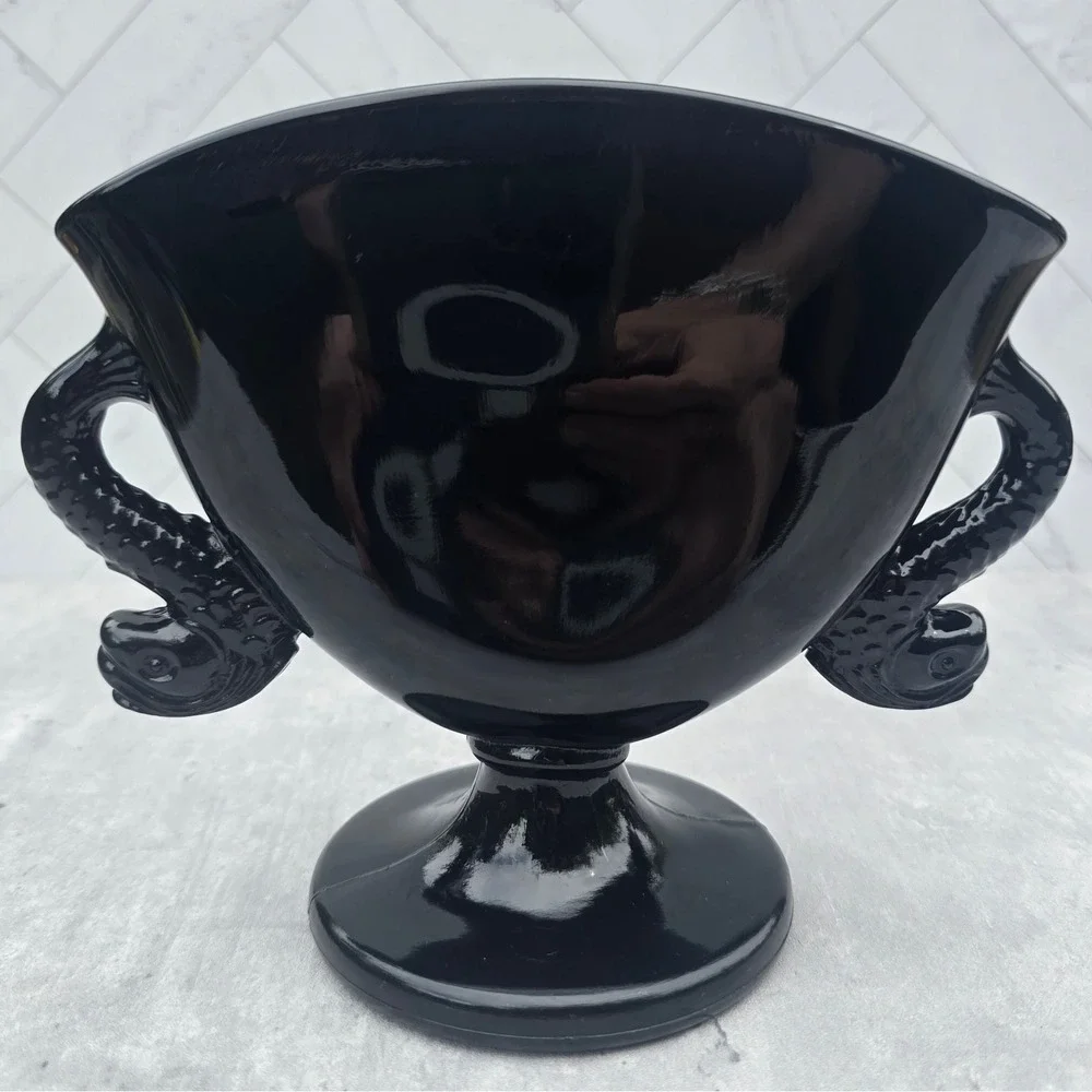 Vintage Black Amethyst Glass Trophy Vase Koi Fish Dolphin Handles Art Deco