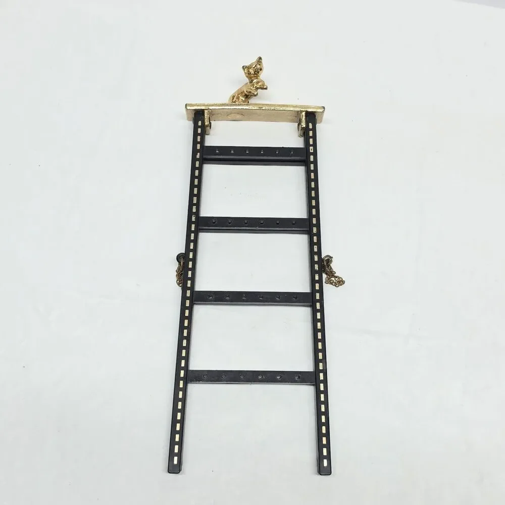 Vintage Jameco Gold Tone Kitten Cat Black Ladder Earrings Holder Stand Organizer