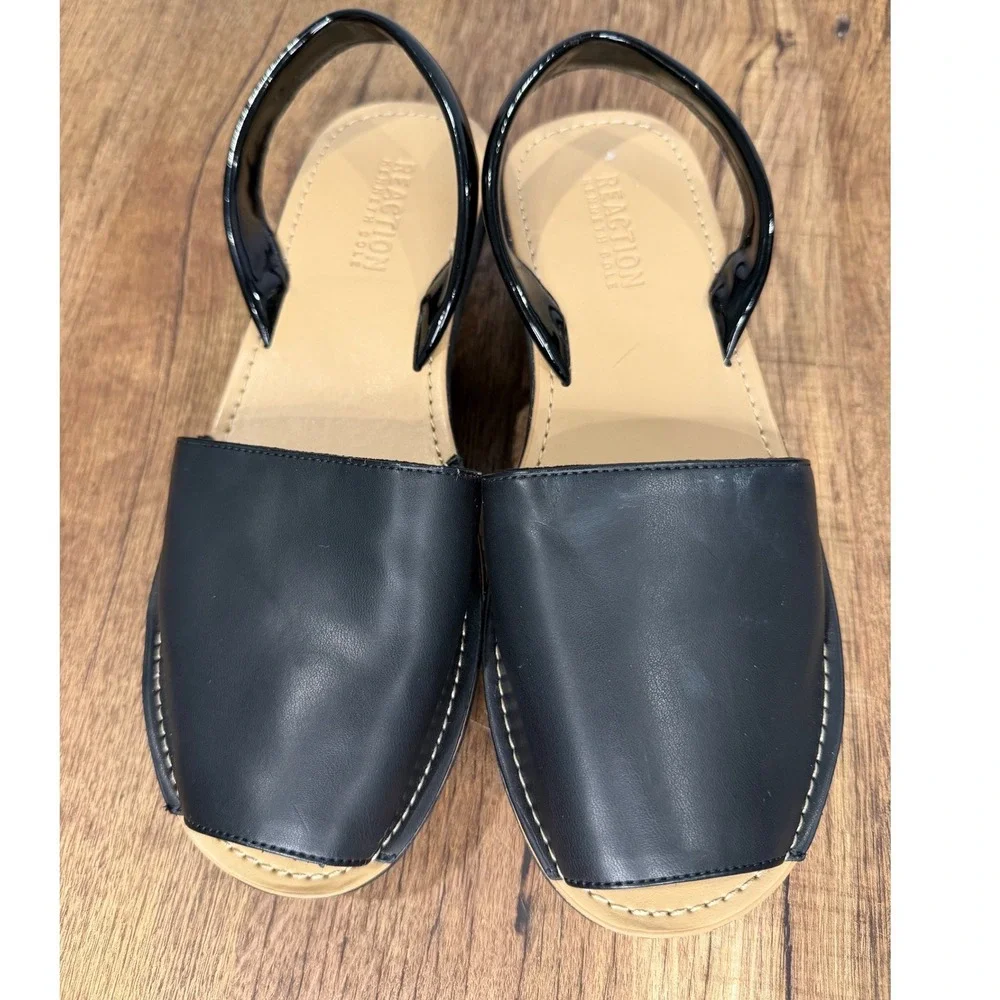 Reaction Kenneth Cole Fine Glass Black Faux Leather Slingback Platform Sandals 7