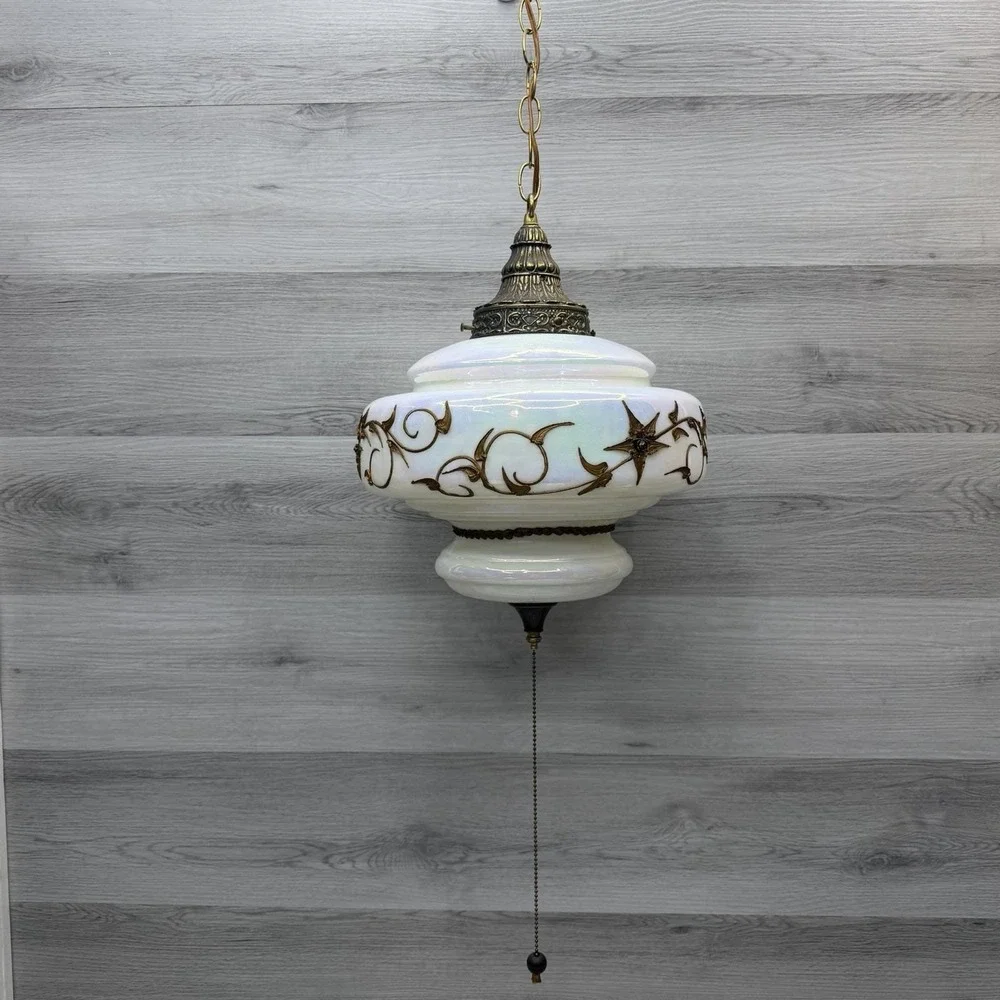 HTF Falkenstein Opalescent Glass Swag Lamp Hollywood Regency MCM Brass