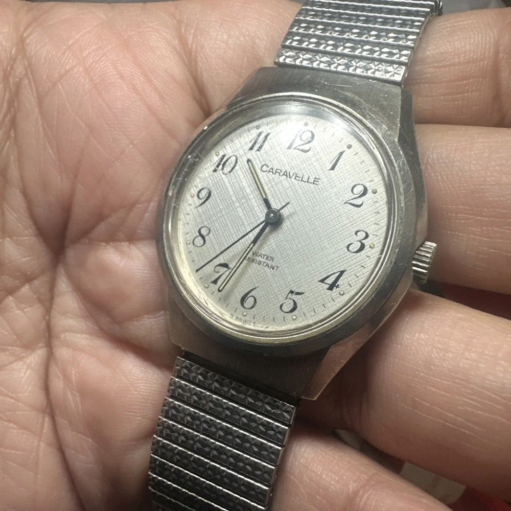 Works VTG Caravelle Manual Wind Silver Mens Watch 35mm Textured Dial Fit 8 Rare