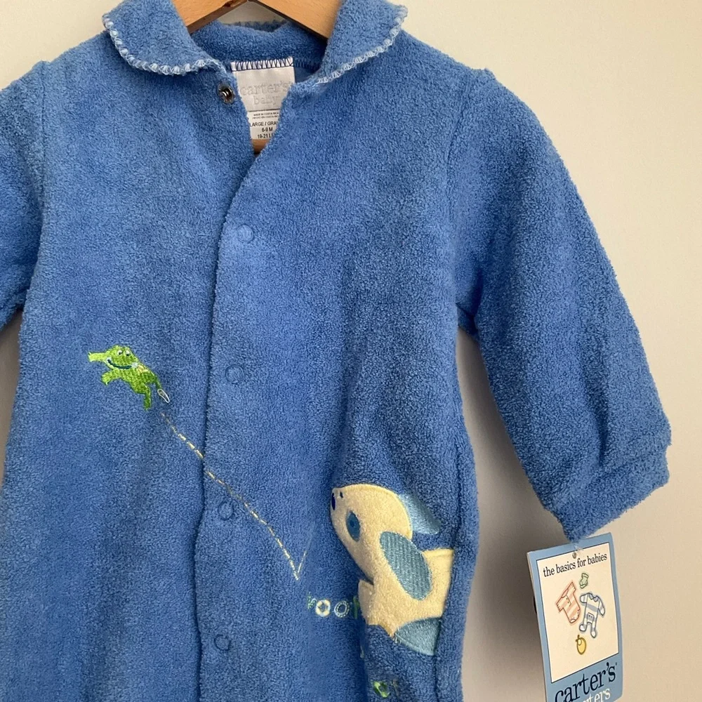 Carter's NWT Blue Terry Footed One-Piece with Frog Embroidery and Dog applique
