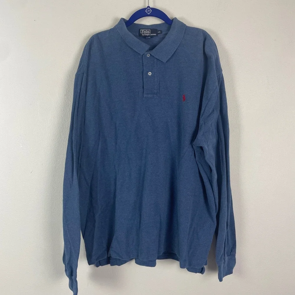 VTG Polo Ralph Lauren Long Sleeve Polo Shirt Blue Red Pony Logo Men's XXL‎