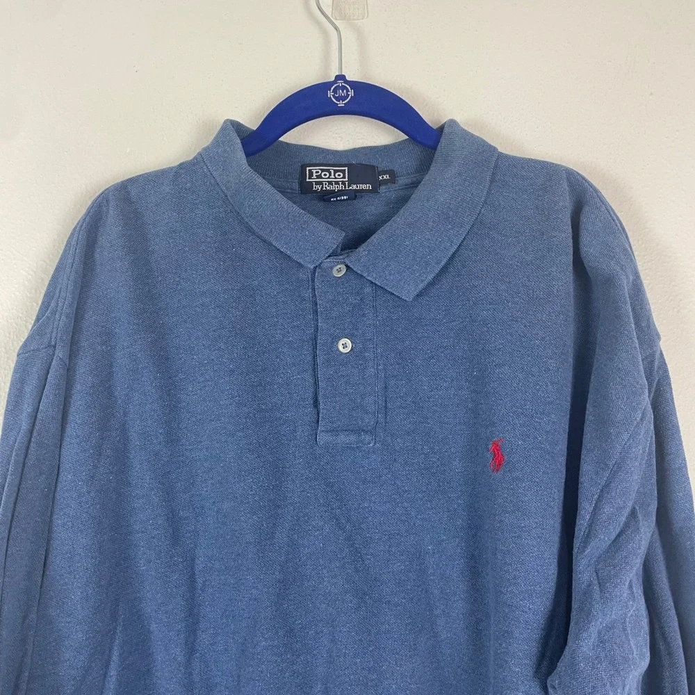 VTG Polo Ralph Lauren Long Sleeve Polo Shirt Blue Red Pony Logo Men's XXL‎