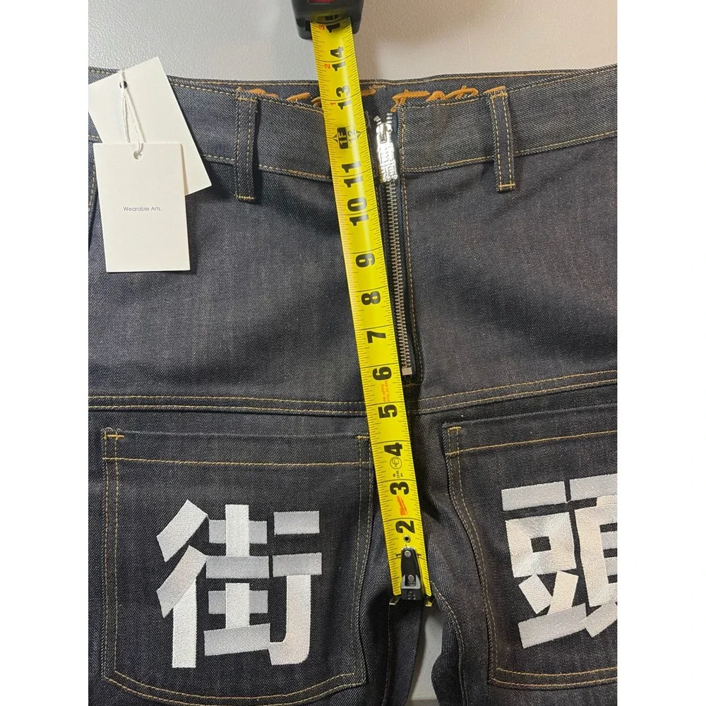 VINKID Kanji Graphic Jeans Mens Small Dark Indigo Wide Leg Streetwear Denim