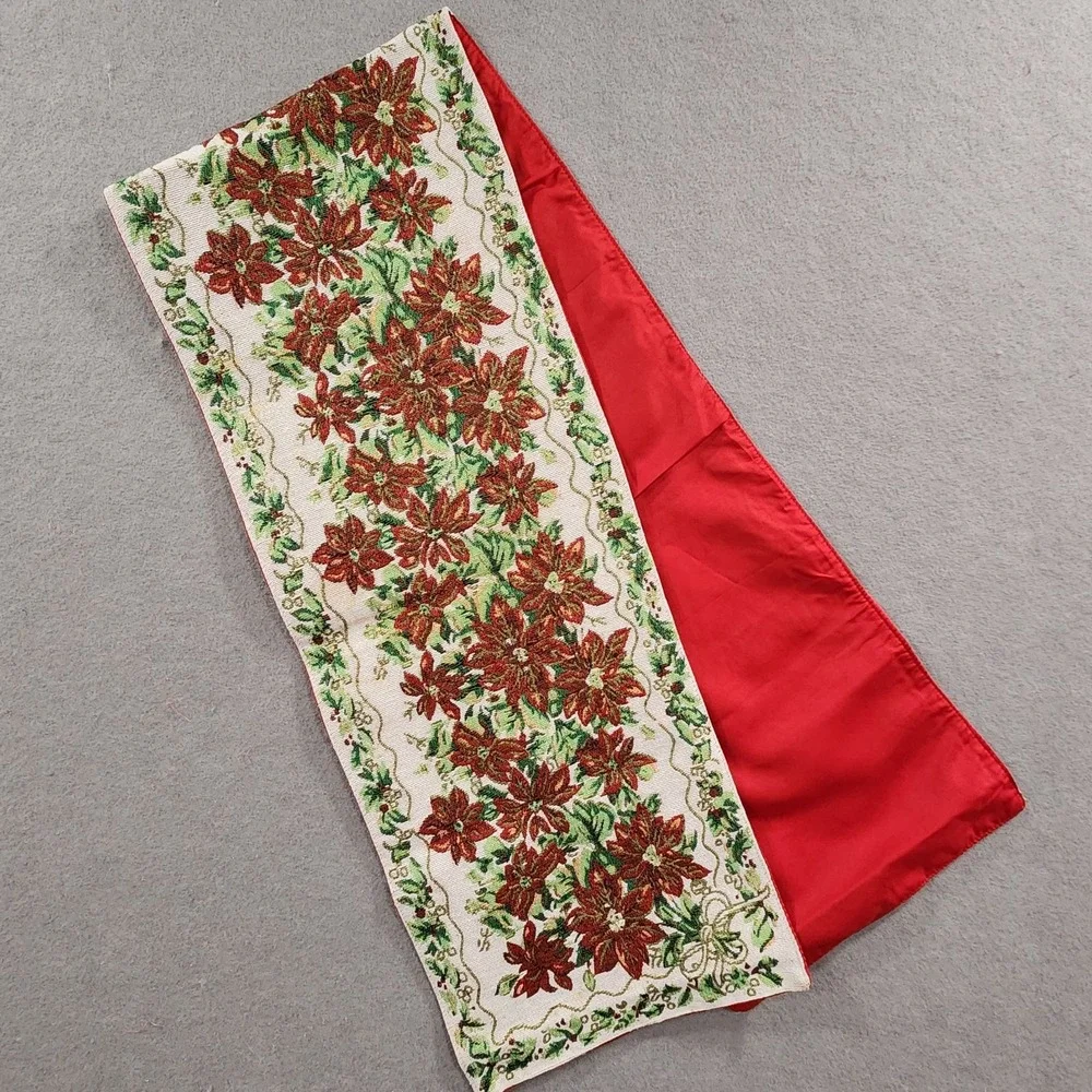 Christmas Tapestry Table Runner Poinsettia Holly Berries 70