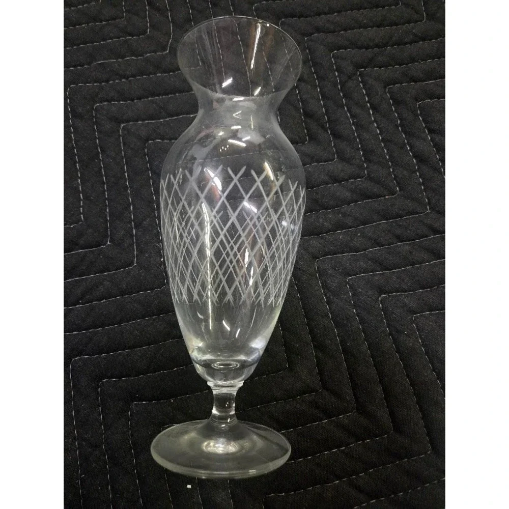 Vintage Etched Glass Footed Bud Vase Clear Crosshatch Lattice Pattern 8 Inch
