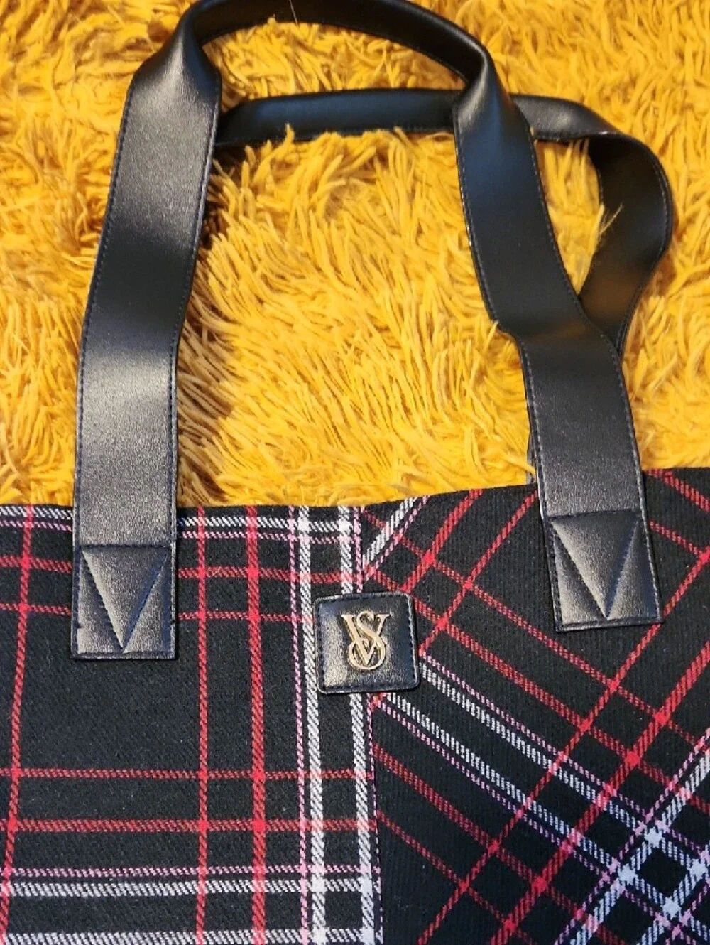 Victoria's Secret Black Plaid Tote with Red and White Trim FINAL PRICE