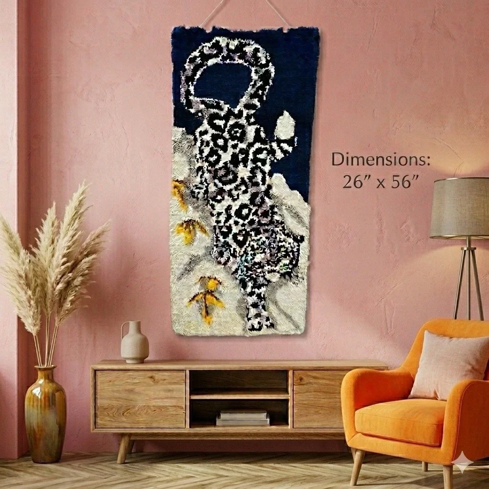Retro Snow Leopard Latch Hook Wall Hanging Shag Rug Pop Art MCM 70s Maximalist