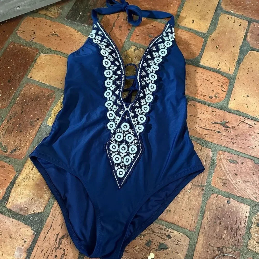 Kona Sol Navy Halter Crochet One Piece Swimsuit