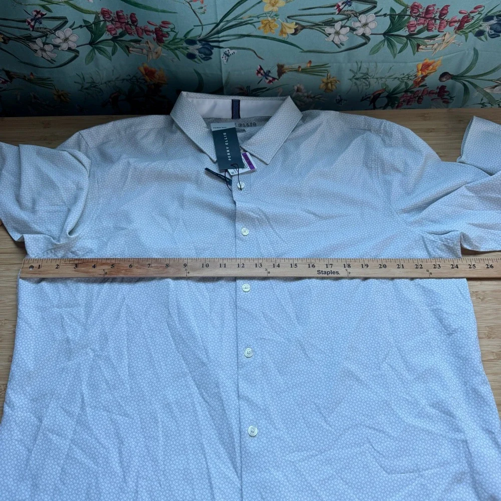 Perry Ellis Mens XXL Slim Fit Total Stretch Shirt Egret Geometric 4JFW7020PS NWT