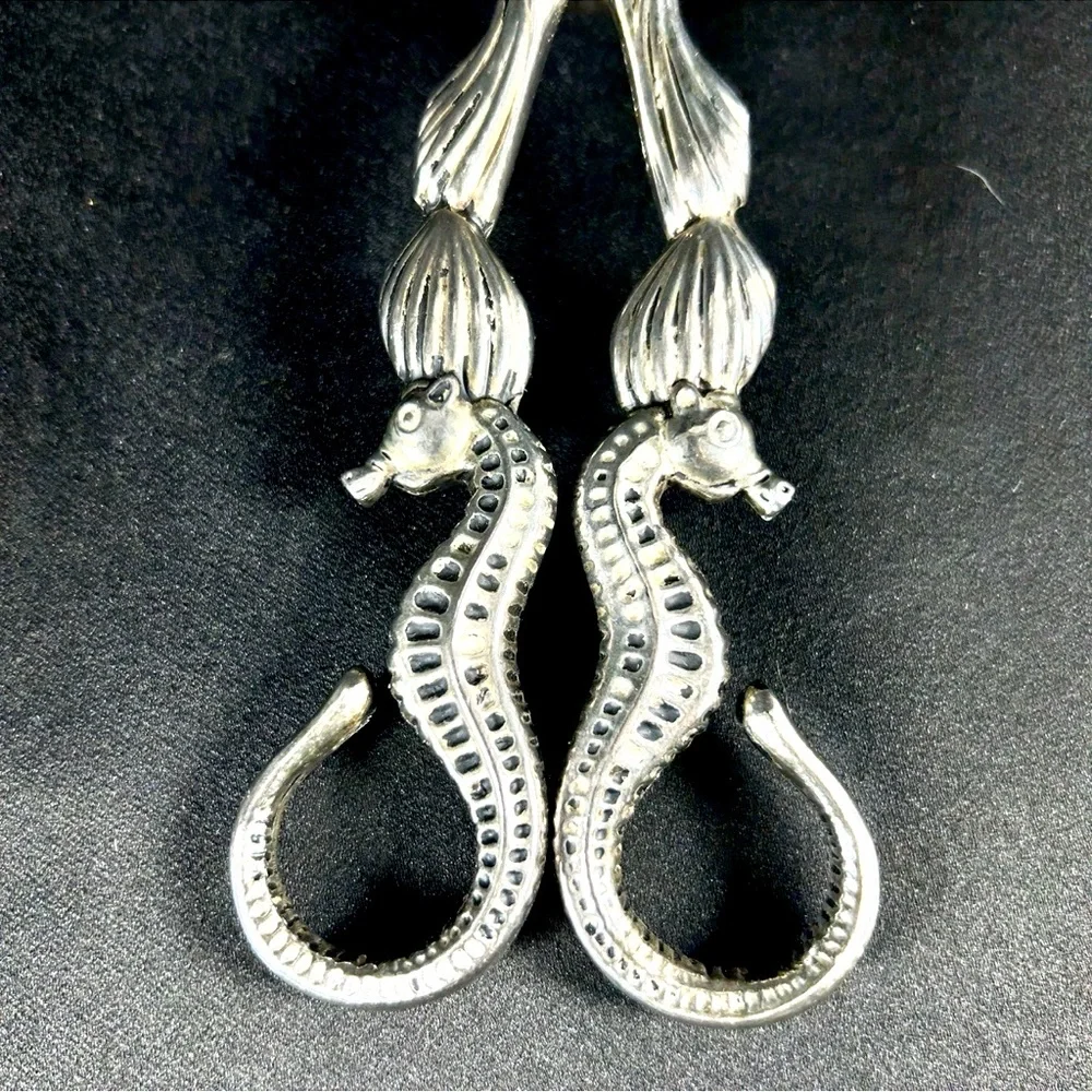 Godinger Silver Seahorse & Clam Shell Salad/Serving Tongs 11” Nautical