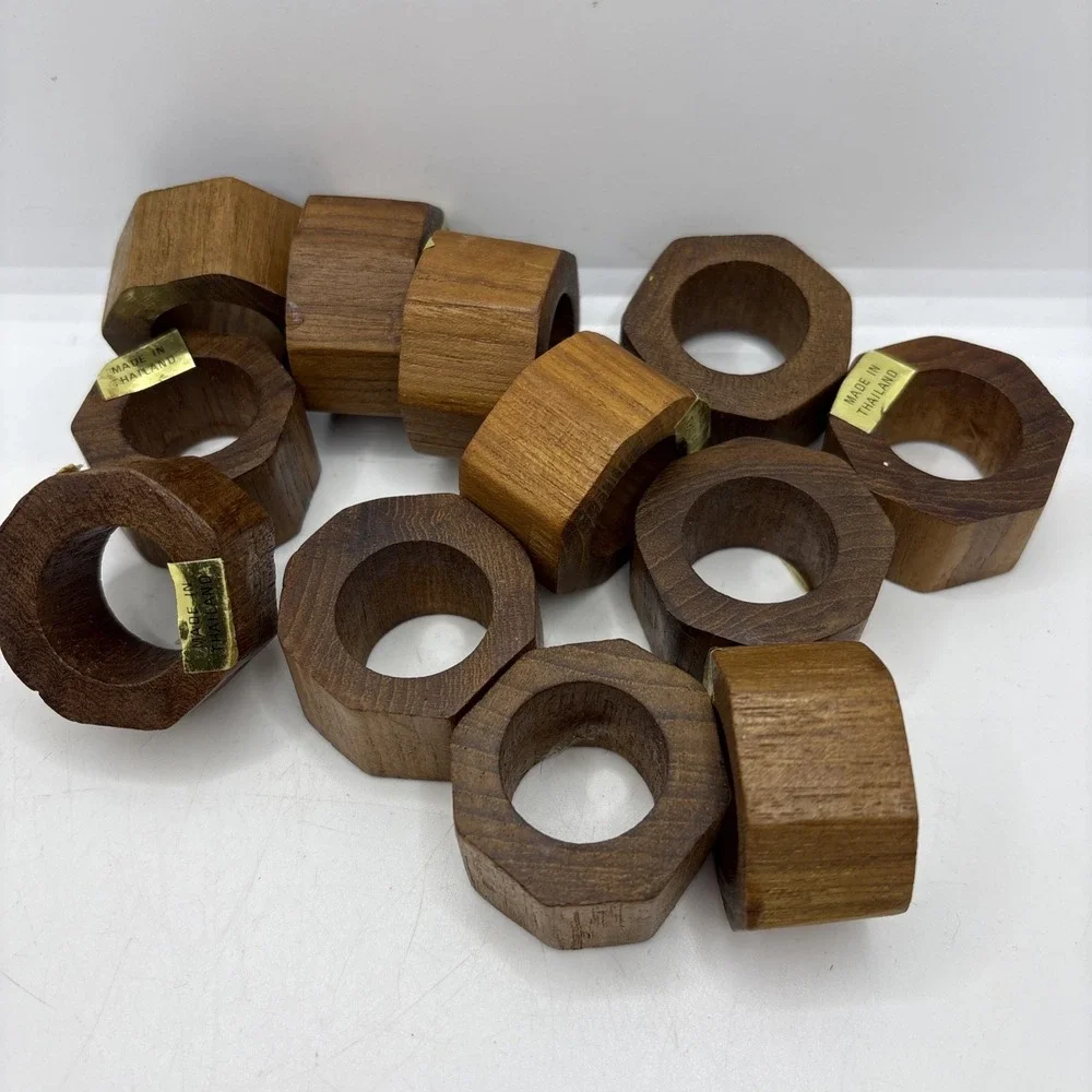 Hand Crafted Teak Wood Round Napkin Rings Made in Thailand‎ Set of 12