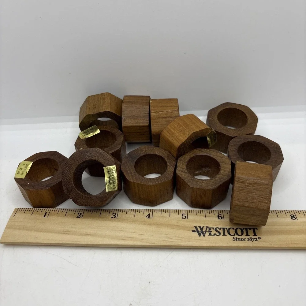 Hand Crafted Teak Wood Round Napkin Rings Made in Thailand‎ Set of 12