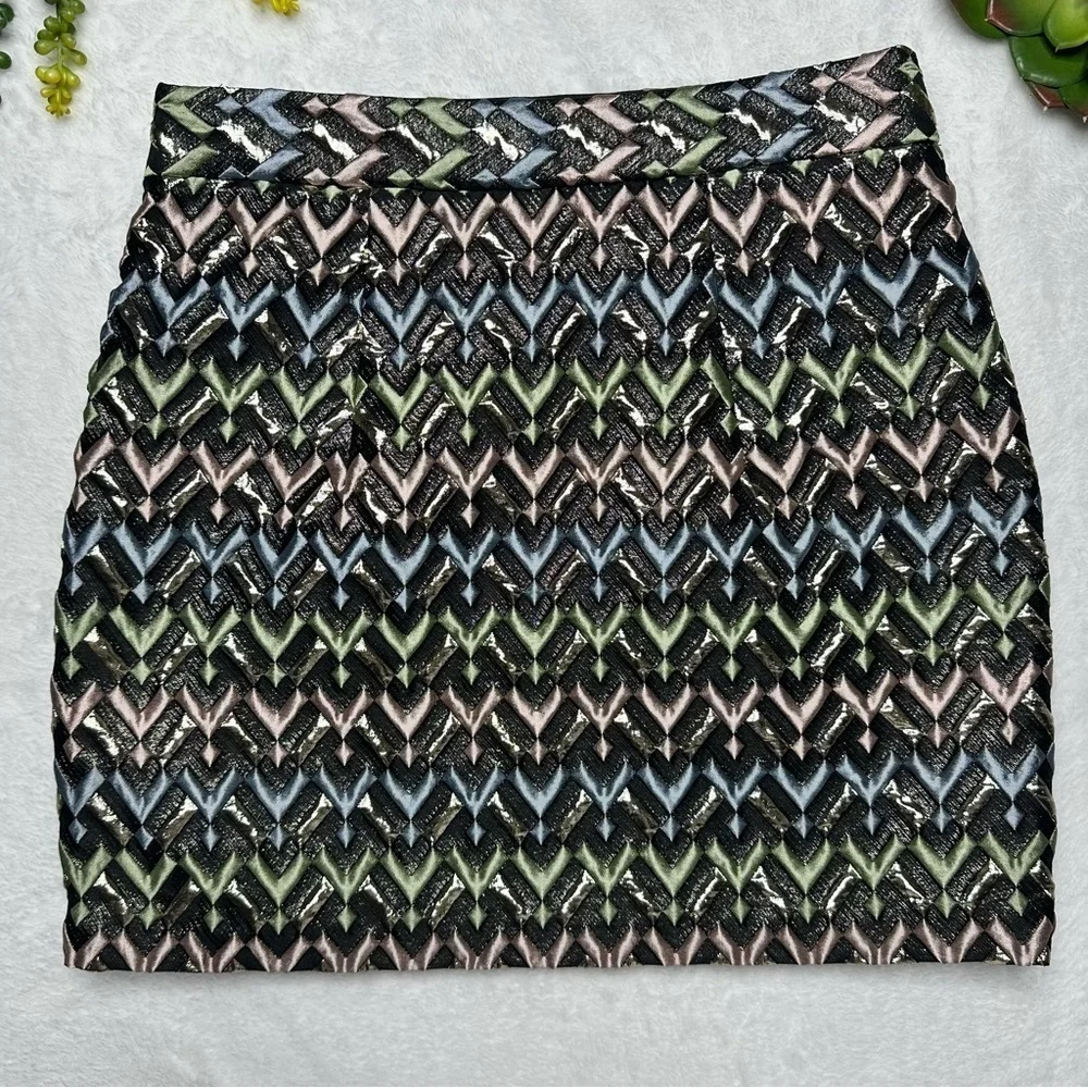 Milly Metallic Chevron Textured Modern Mini Skirt in Black Pink Green Womens 6