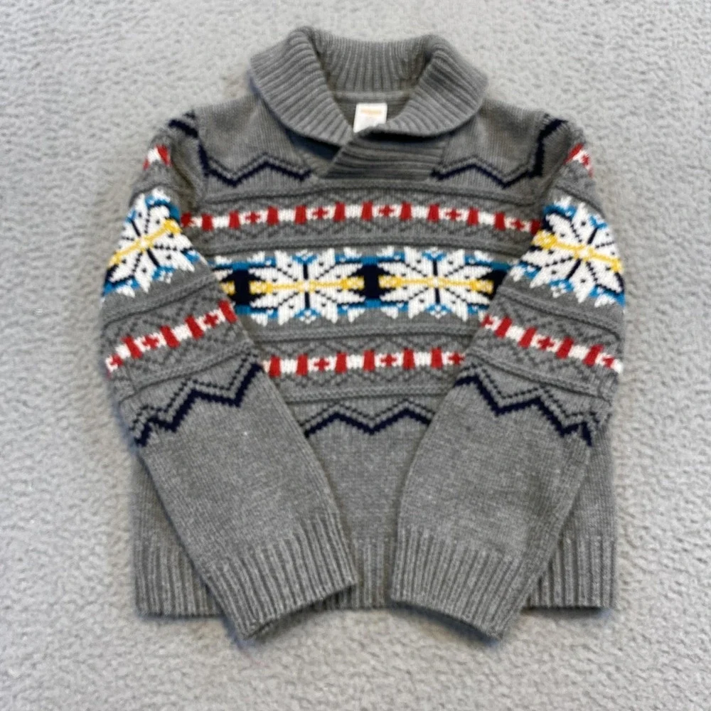 Gymboree Sweater Kids 5-6 Gray Fair Isle Shawl Collar‎ Holiday Pullover Knit