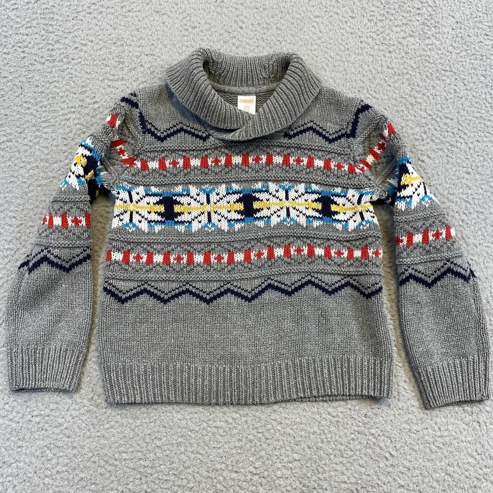 Gymboree Sweater Kids 5-6 Gray Fair Isle Shawl Collar‎ Holiday Pullover Knit