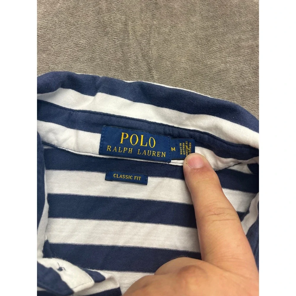 Polo Ralph Lauren Mens Classic Fit Striped Pocket Polo Shirt Navy White Size M