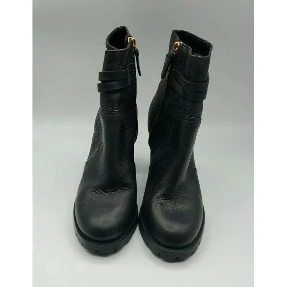 Tory Burch Leigh Black Leather Lug Sole With Logo Boots River Rock SZ 7.5   NWOB