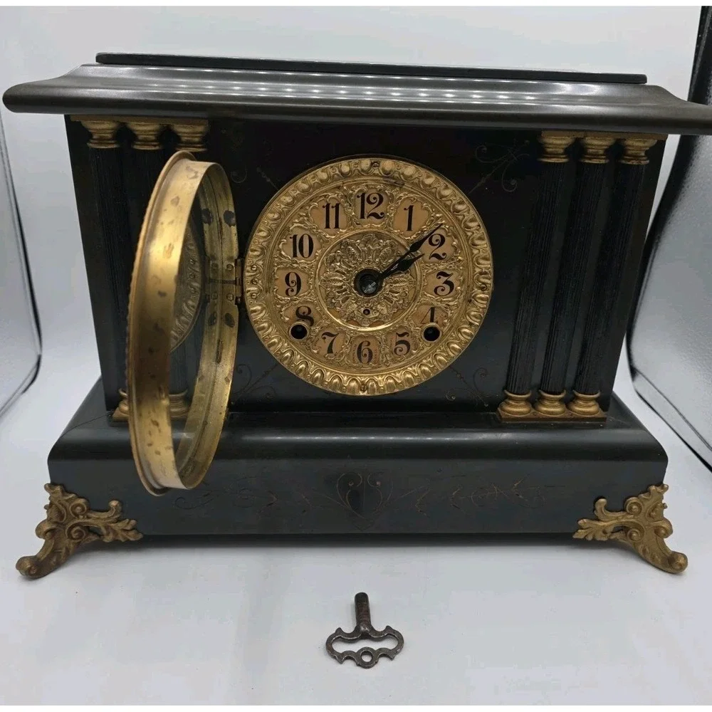 Antique Seth Thomas Black Adamantine 6 Pillar Mantle Clock Lions Head 1880s READ