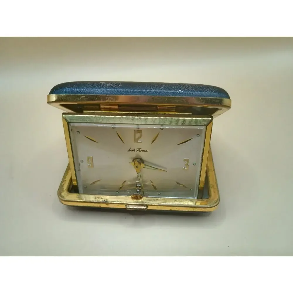 Vintage Seth Thomas Travel Alarm Clock, Germany, Gold Tone Folding Case, 3