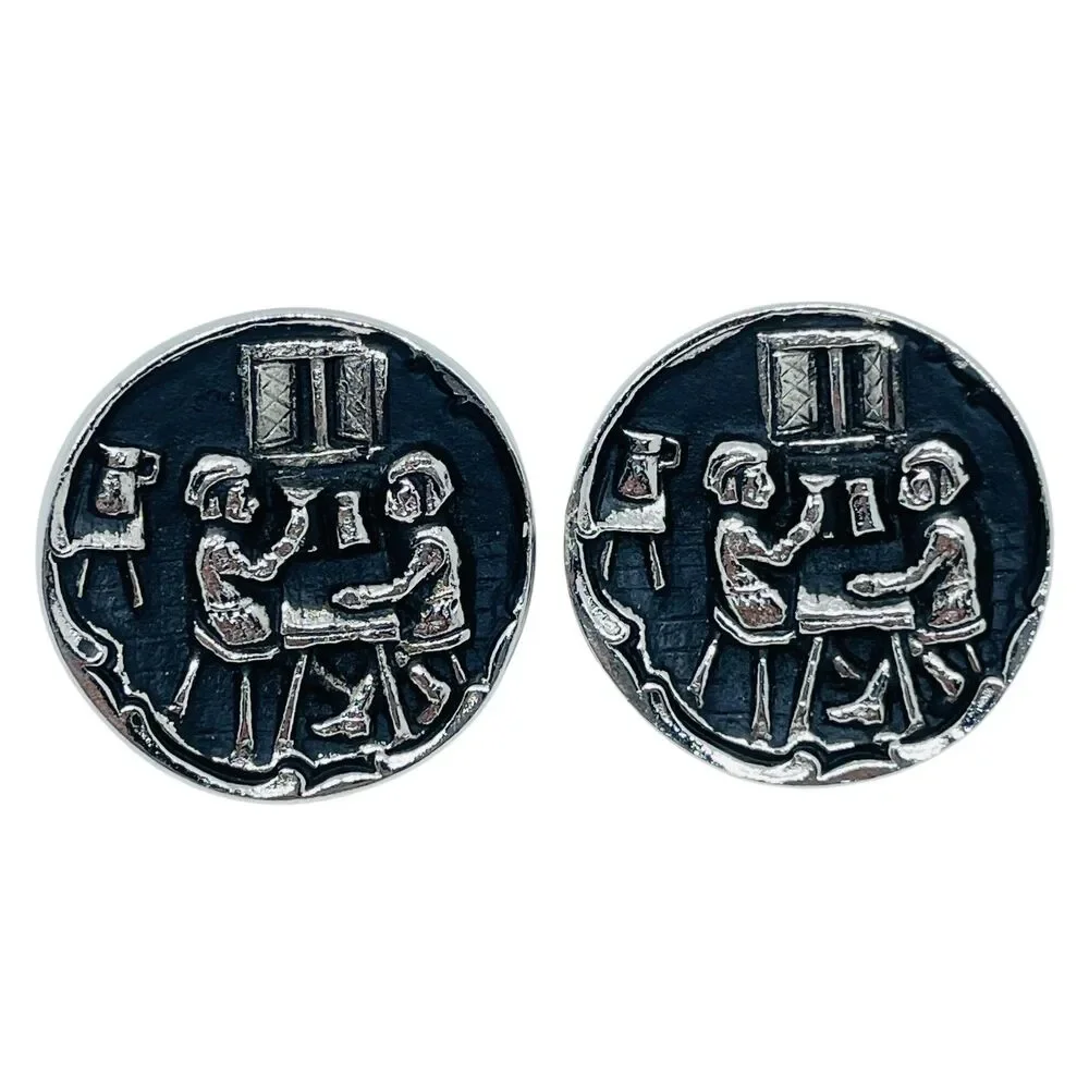 Vintage silver tone black enamel unisex designer cufflinks