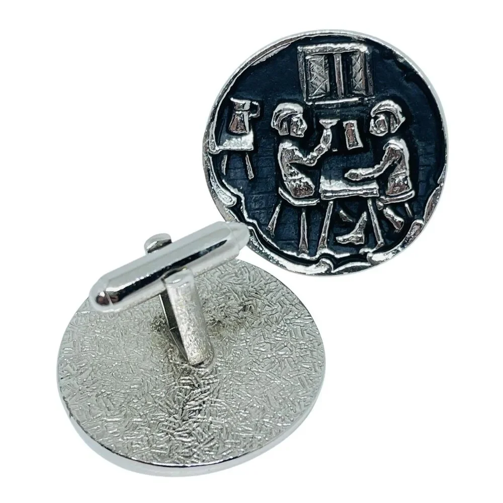 Vintage silver tone black enamel unisex designer cufflinks