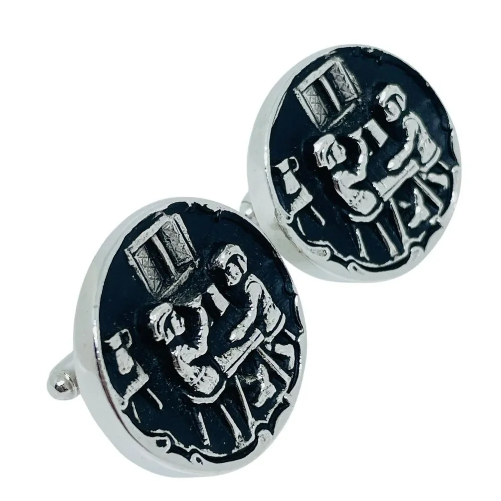 Vintage silver tone black enamel unisex designer cufflinks