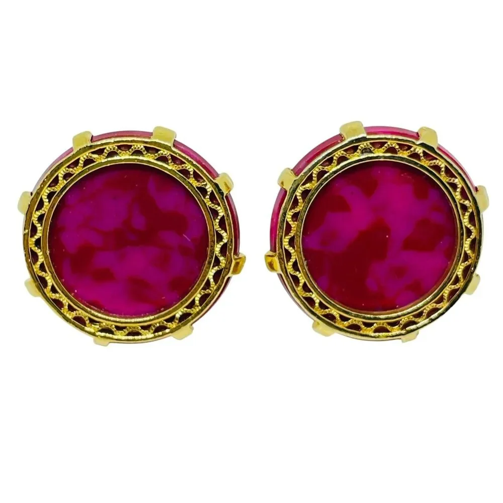 Vintage gold tone hot pink marbled glass massive designer cufflinks